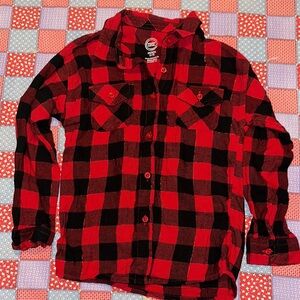 Kids Red and Black Plaid Button Down Shirt with red sparkle. XS 4/5